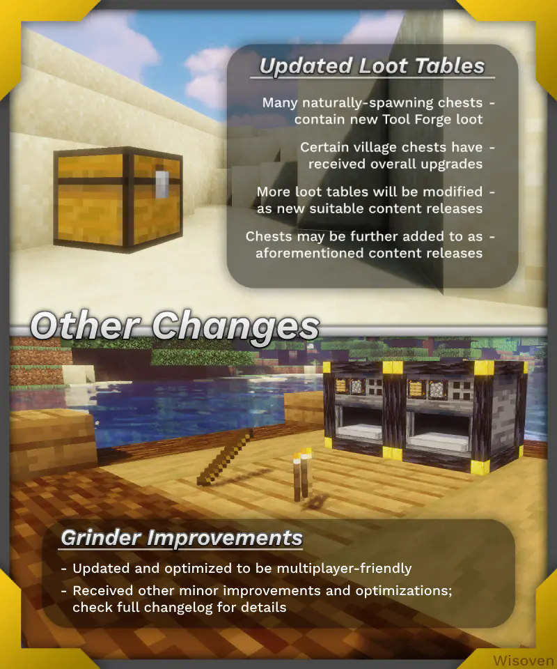 Updated loot tables - Tool Forge items appear in naturally generated chests, and village chests have received minor upgrades. Loot tables will be further updated as new content releases. Equipment grinders have received a multitude of improvements and optimizations, including compatibility with multiplayer.