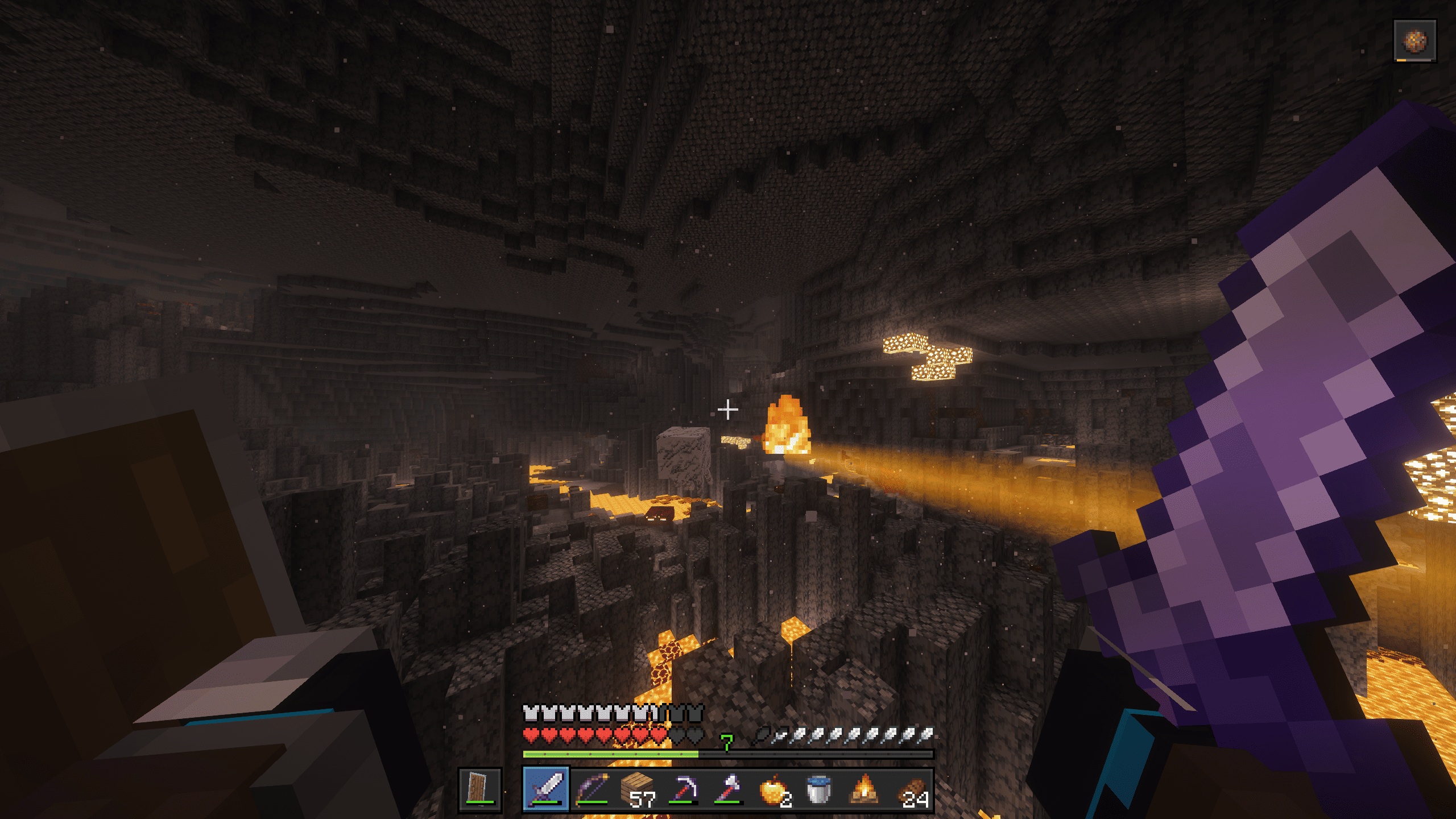 A fireball fired by the ghast is heading towars the player. They can see the exact trajectory in translucent orange.