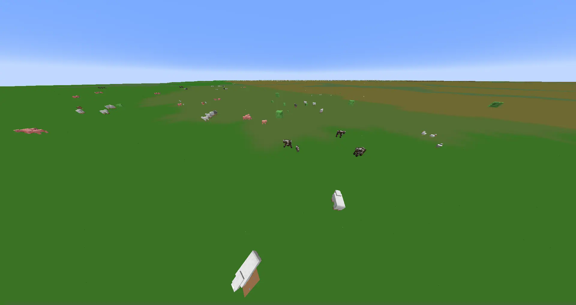 A superflat with animals, slimes, and biomes viewed from a Render Distance 128 chunks.