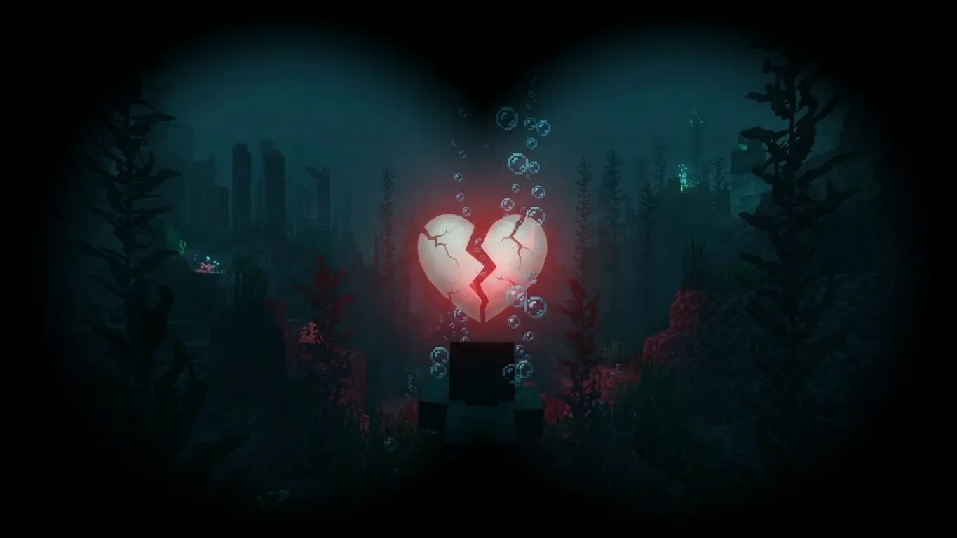 An intense, dark underwater scene from the Drown Panic mod, featuring a claustrophobic tunnel vision effect framing a glowing, cracked, and pulsating red heart icon.