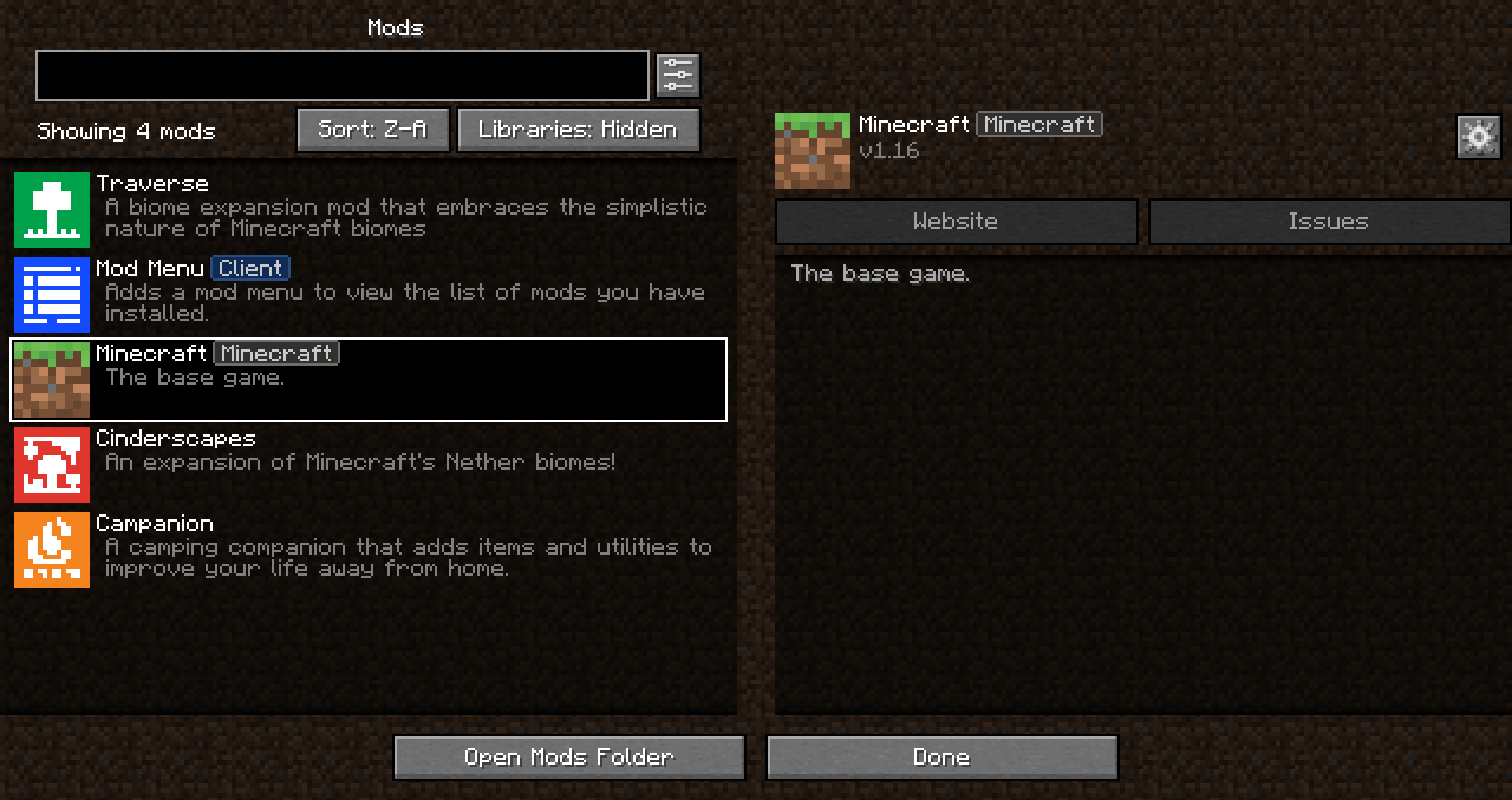 mod menu in minecraft