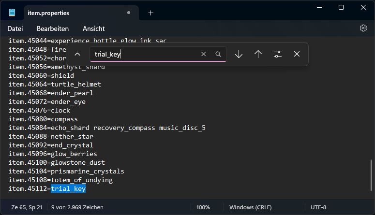 A screenshot of the result when searching for trial_key in the item.properties file