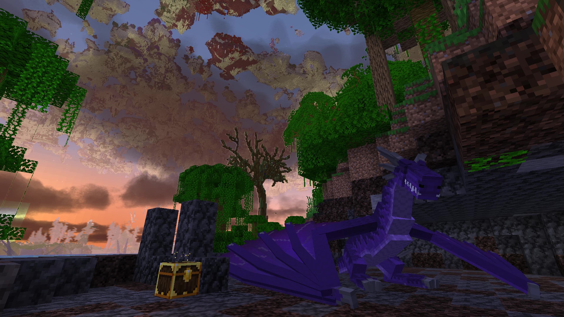 A purple Lightning Dragon sleeps peacefully, their nest glittering with copper pieces and a golden chest.