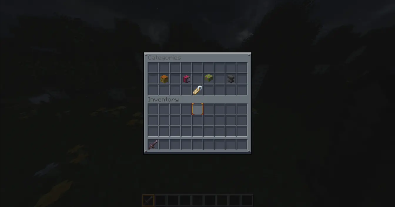 This image displays the Graphical User Interface (GUI) of the Minecraft furniture plugin, titled "Categories" at the top. The menu is a custom-designed gray stone-textured window overlaying the dark Minecraft world.