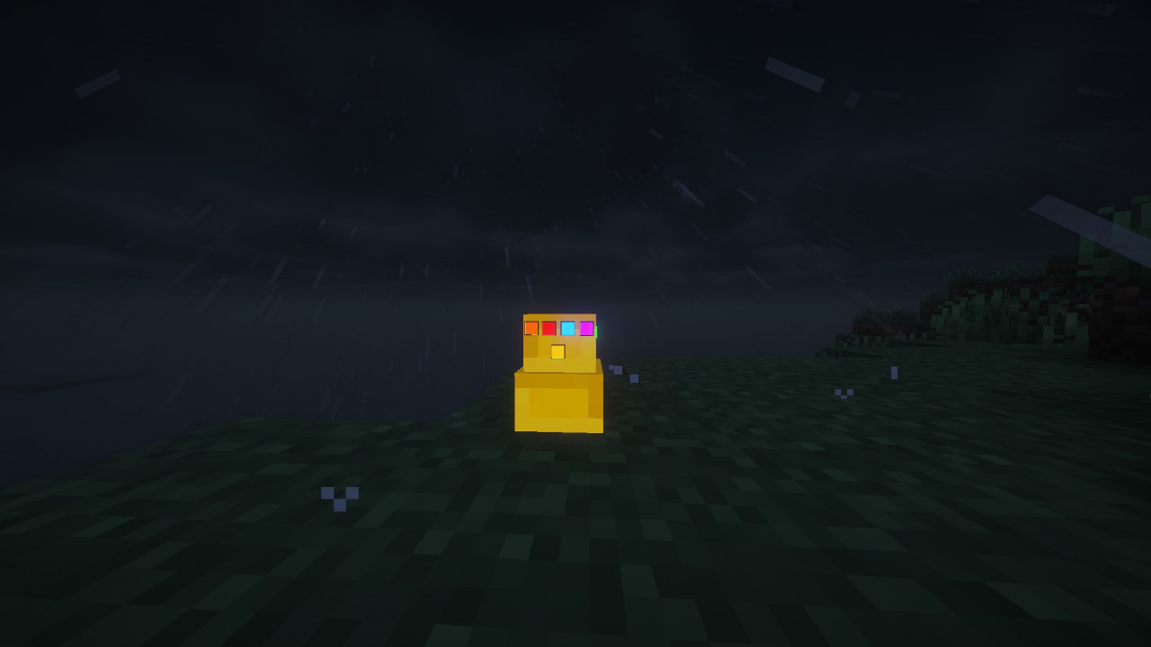 A closeup shot of the Infinity Gauntlet with glowing infinity stones in the rain