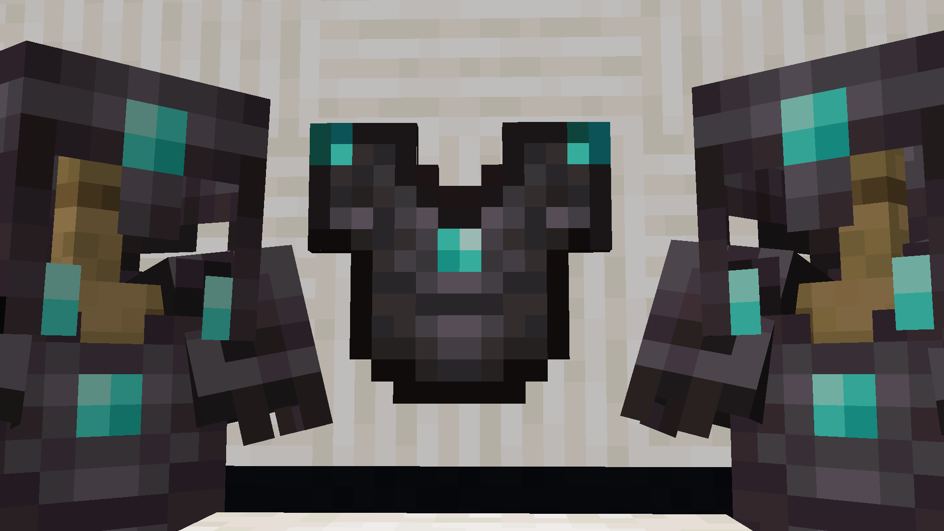 Netherite chestplate flaoting in the center on top of a pillar block, with 2 armor stands equipped with netherite armor on each side