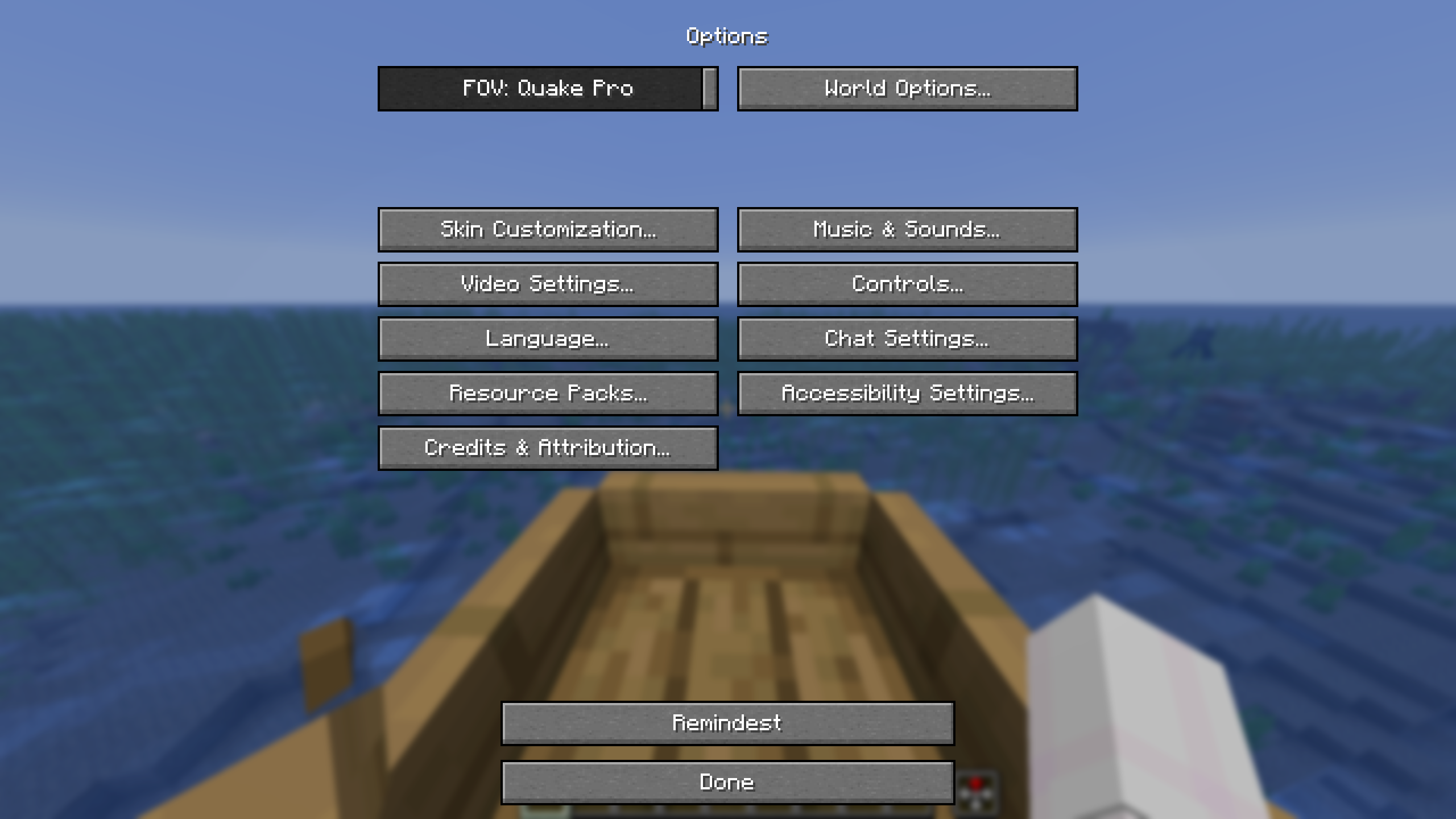 Options menu in Minecraft, where the Remindest button is located.