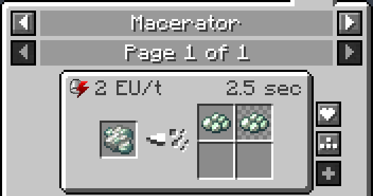 The macerator recipe window. Raw zinc is the input on the left and 1.5 crushed raw zinc is the output on the right