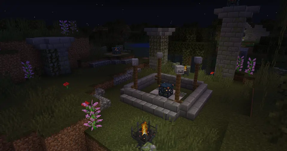 The Soggy Swamp. Some moss and vine covered ruins are surround with witchcrafts and trial spawners in the swamp.