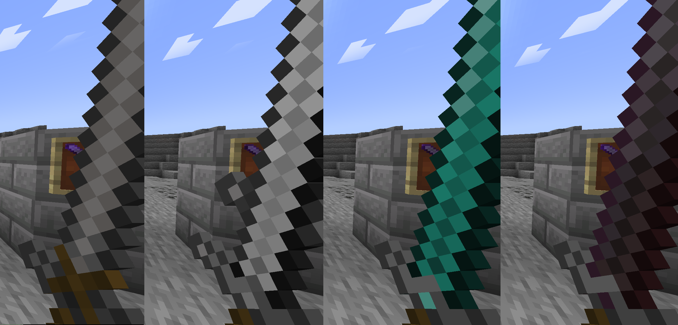 An Image comparing Four different Swords in Minecraft.