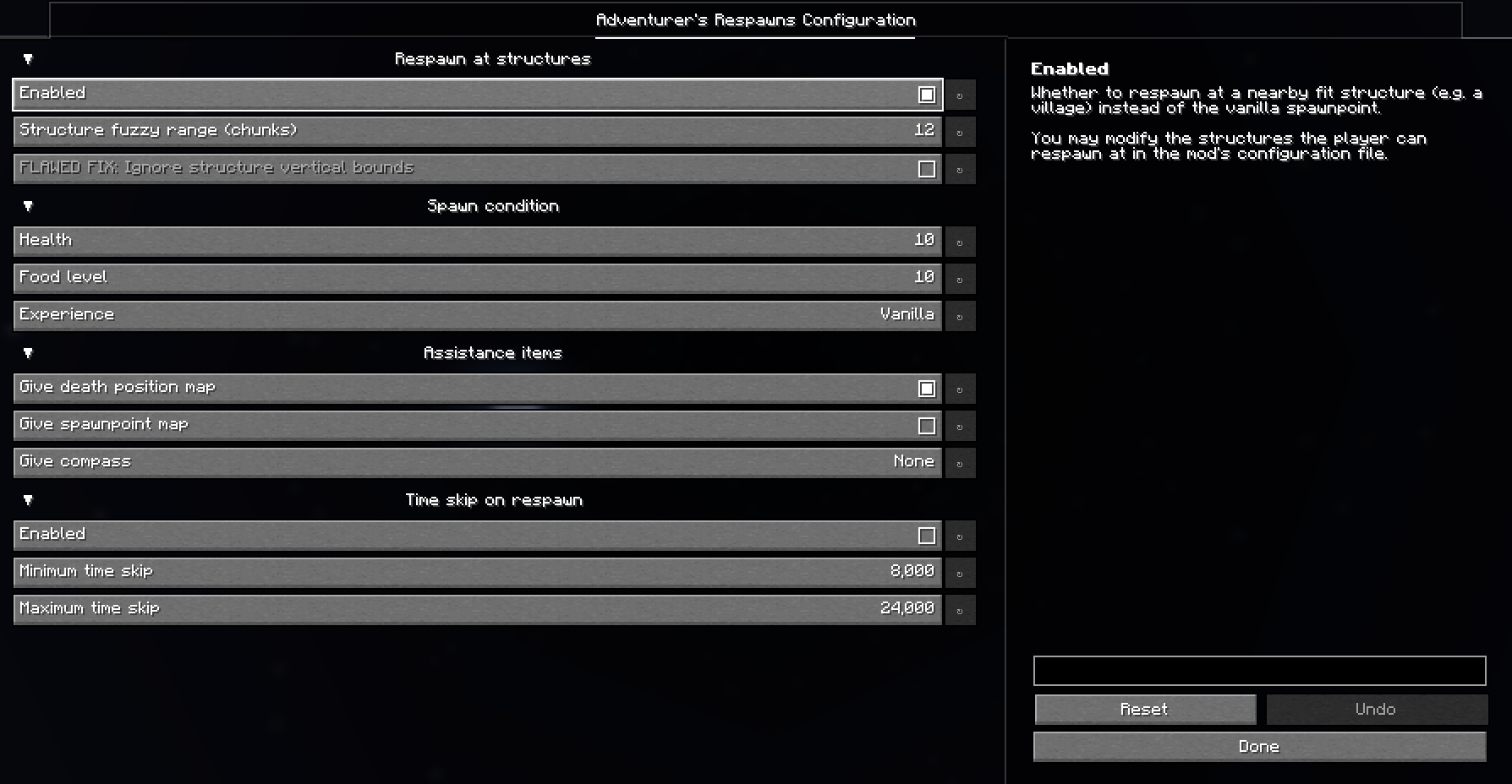 Screenshot of the mod's configuration GUI, showing options of the mod