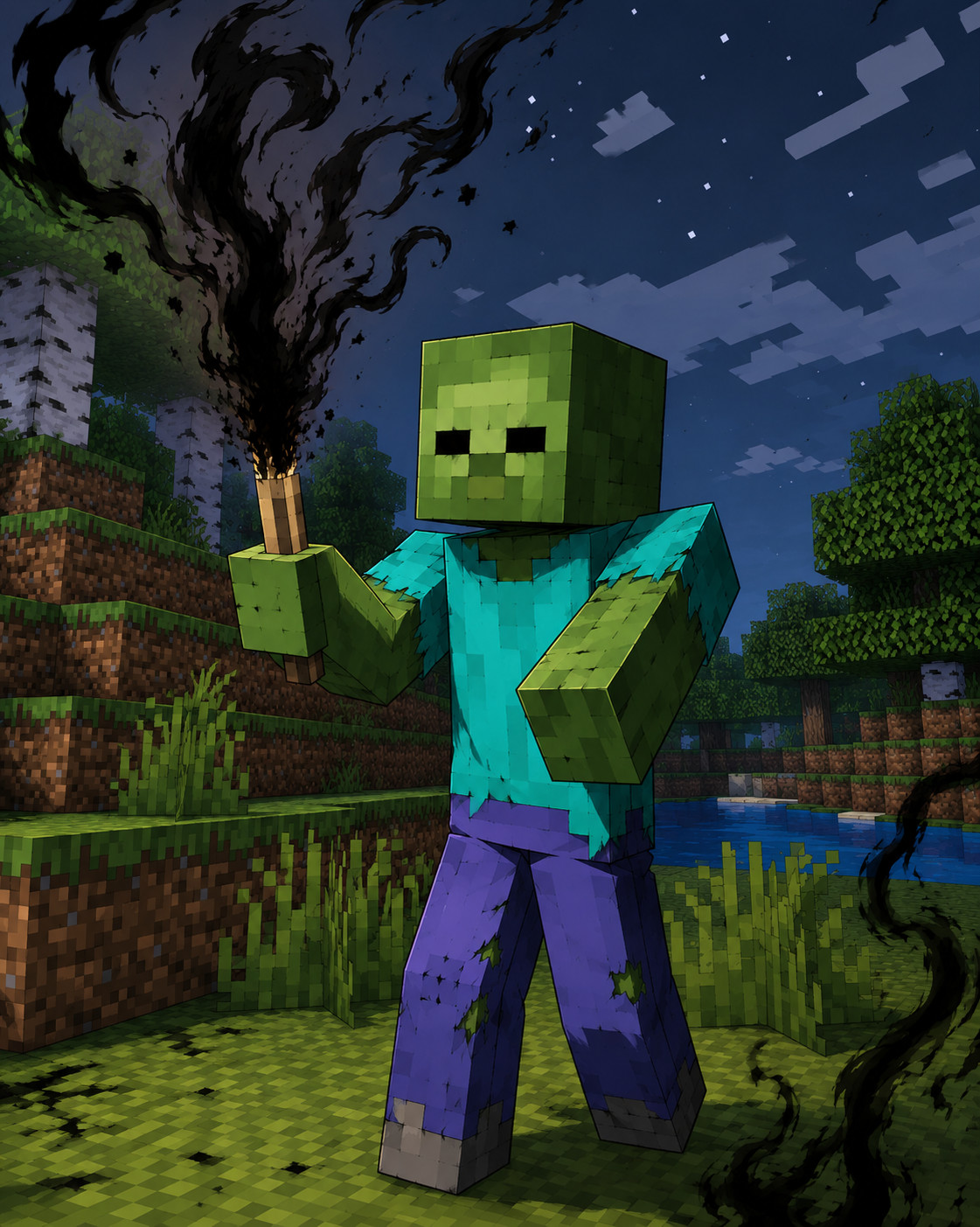 Zombie with torch emitting darkness