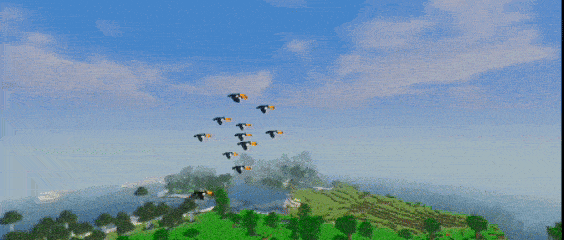 Video of a flock of toucans flying in the sky and then landing on the grass