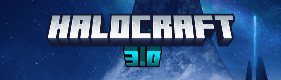 "Halocraft 3.0" written in the Minecraft-style font, set against an image of a halo ring at night