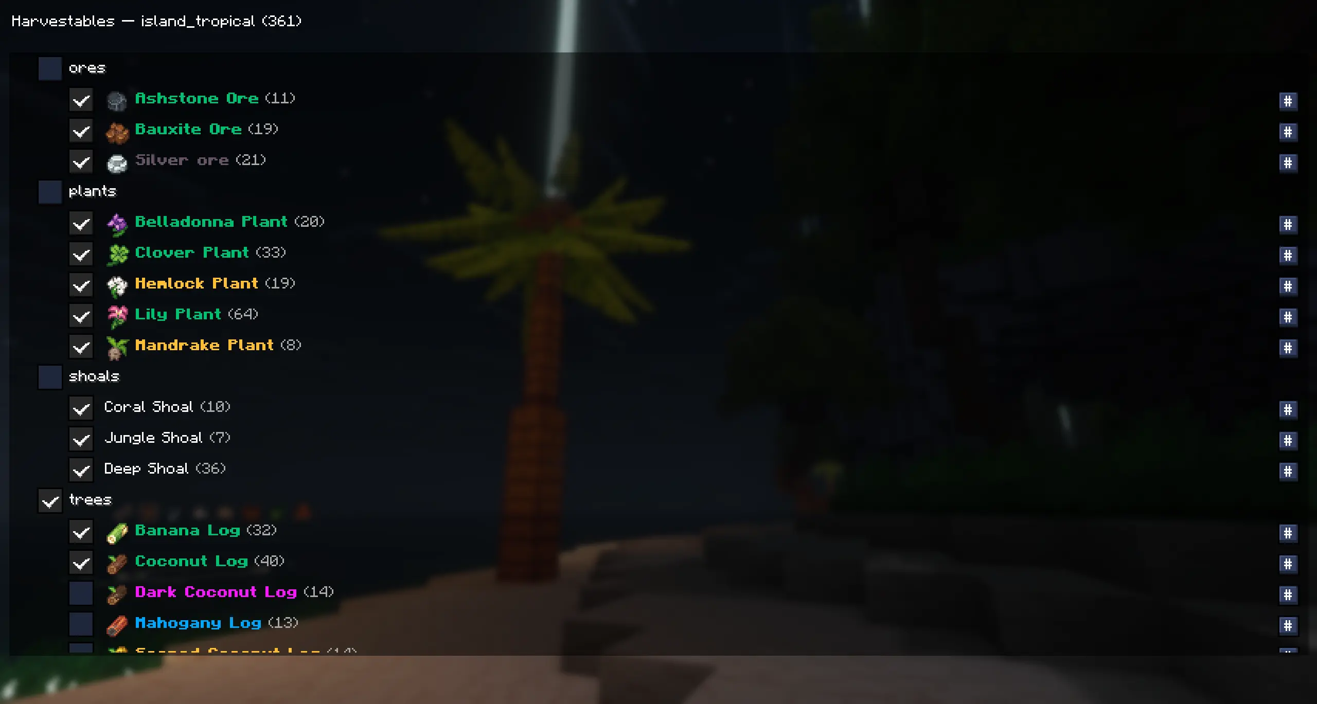 Harvestables Selection Screen