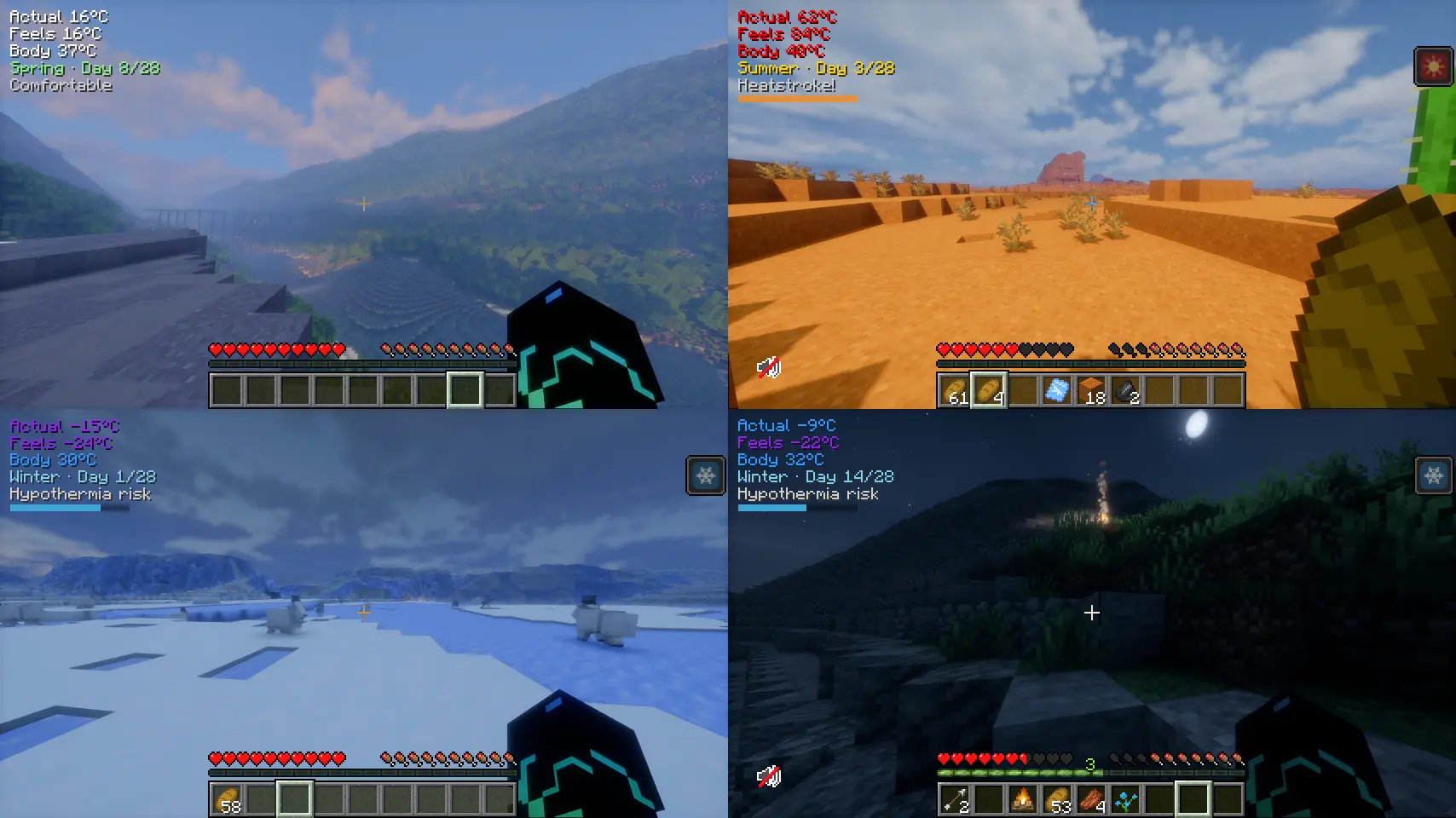 Seasons - spring, summer, winter at the artic, winter at 1600m plains biome