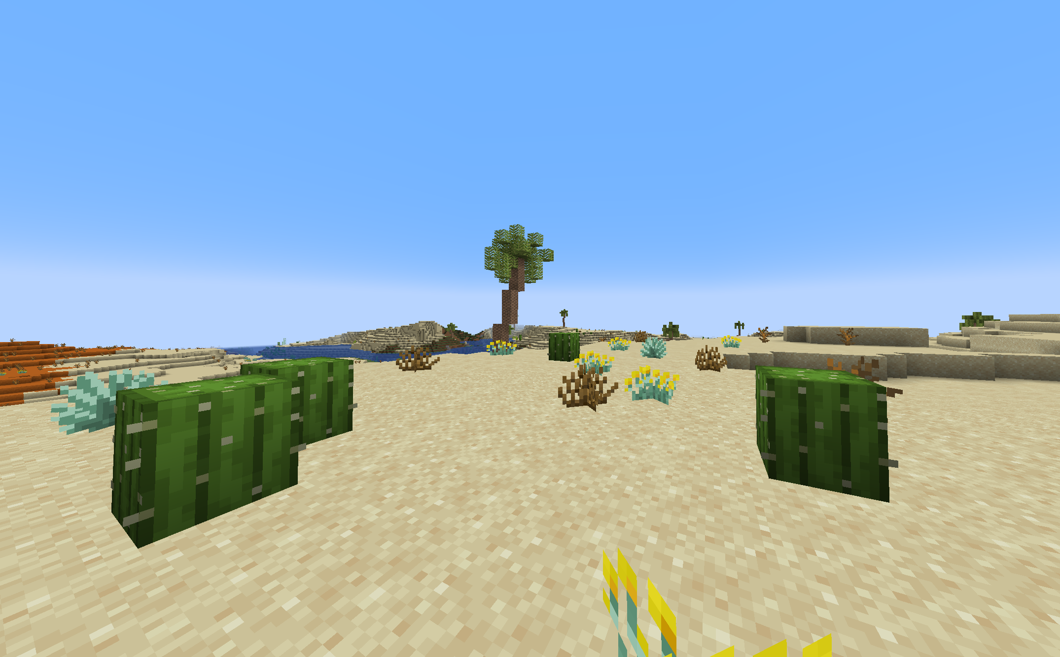 Desert biome with newly added flowers, shrubs, and palm trees.