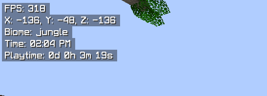A Minecraft gameplay screenshot showcasing Hudify's lightweight HUD overlay displaying coordinates, biome, FPS, local time, and server playtime in the top-left corner of the screen.