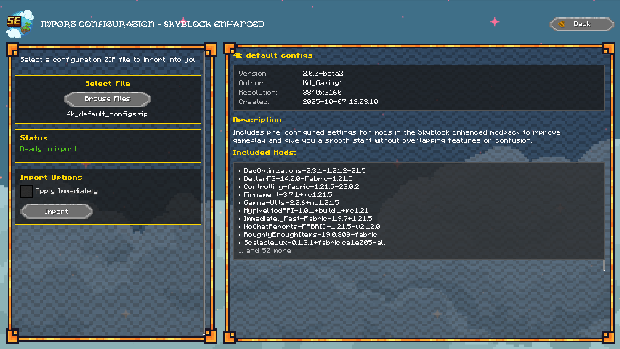 SkyBlock Enhanced import configuration screen showing 4k_default_configs.zip file selected with configuration preview and mod list