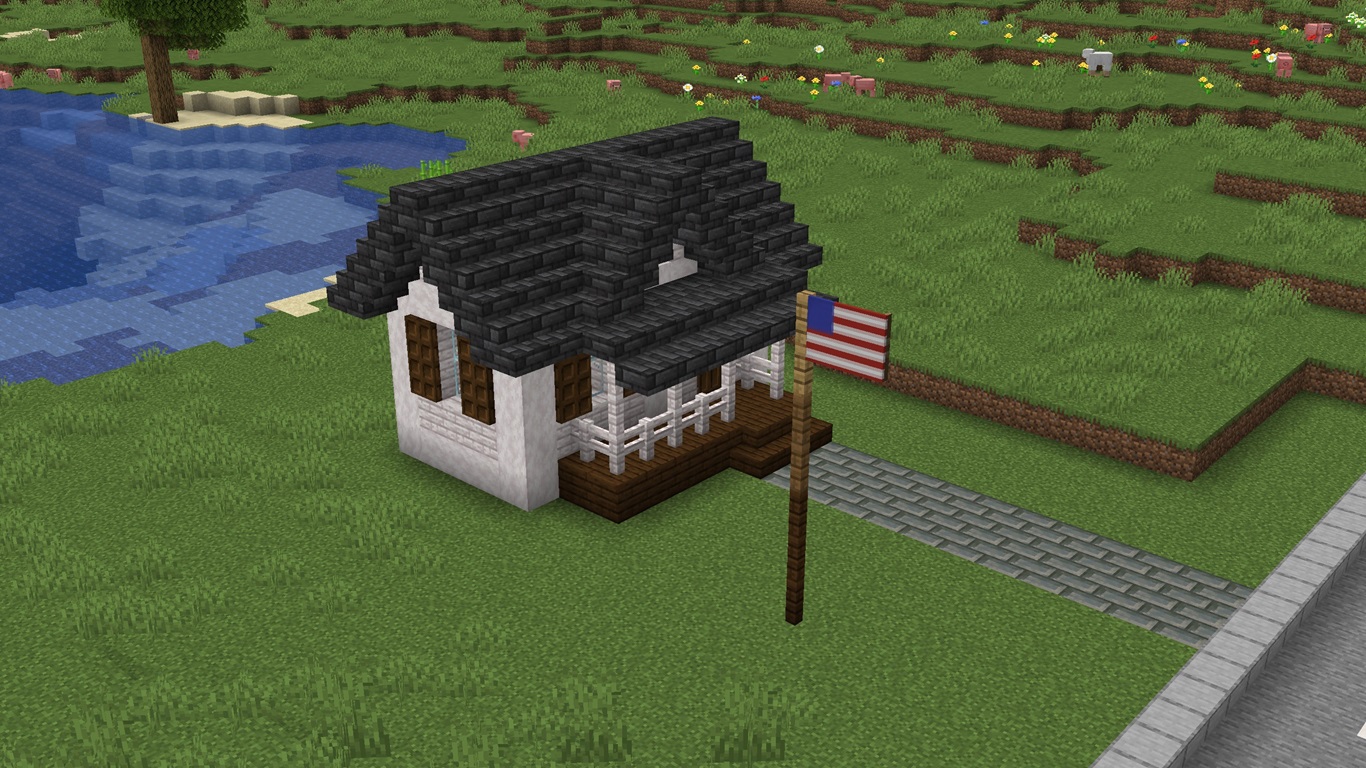 Small American house with a flag on the yard
