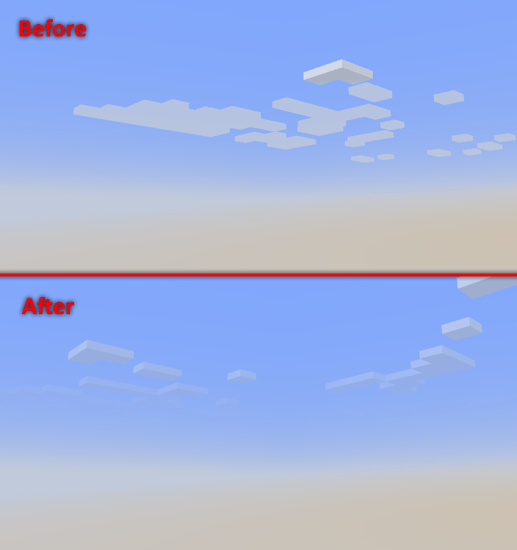 Before and after screenshot depicting the Vanilla Game's clouds that DO NOT fade out correctly, and the correct Vanilla Cloud Fix's clouds that do fade out correctly.