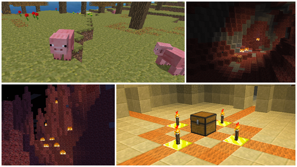 a collage of 4 images. First image is of two Pigs during Classic Combined's Autumn Season. Second image is of a cave under the Hell biome. It features a fire patch and some Gold Ore. Third image is of the Hell biome at nighttime with large Bloodstone Spires with a patch of Fire. Fourth image is the Mummy Chest found inside a Desert Pyramid. It is surrounded by 4 Torches and a Gold and Orange Cloth pattern.