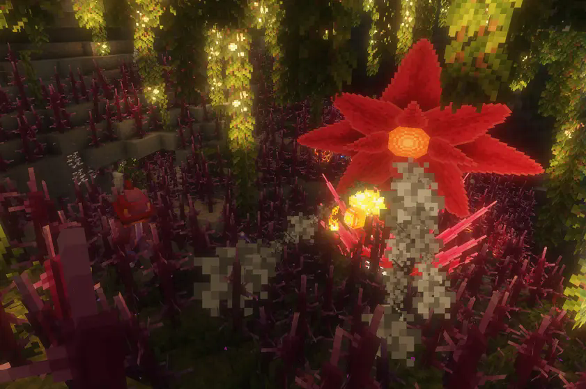A player is shooting with fire balls at a big flower (The Void Blossom) while the big flower (boss) is spawning a huge wave of thorns at the player and all around the cave where the battle is happening