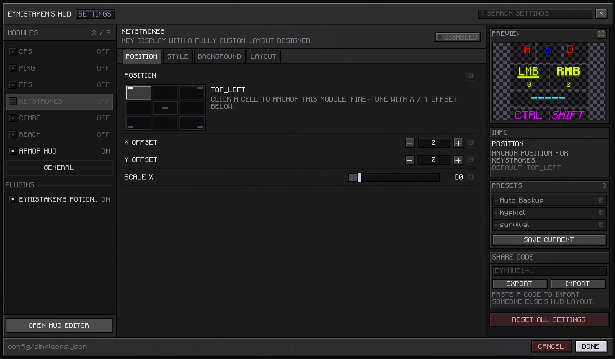 keystrokes preview no focus