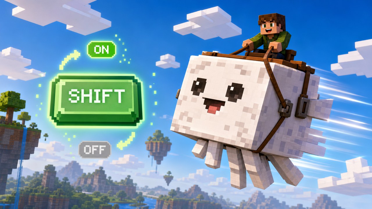 Banner artwork for Happy Ghast Controls, showing a cute blocky Happy Ghast flying through the sky with subtle movement and speed-control effects.