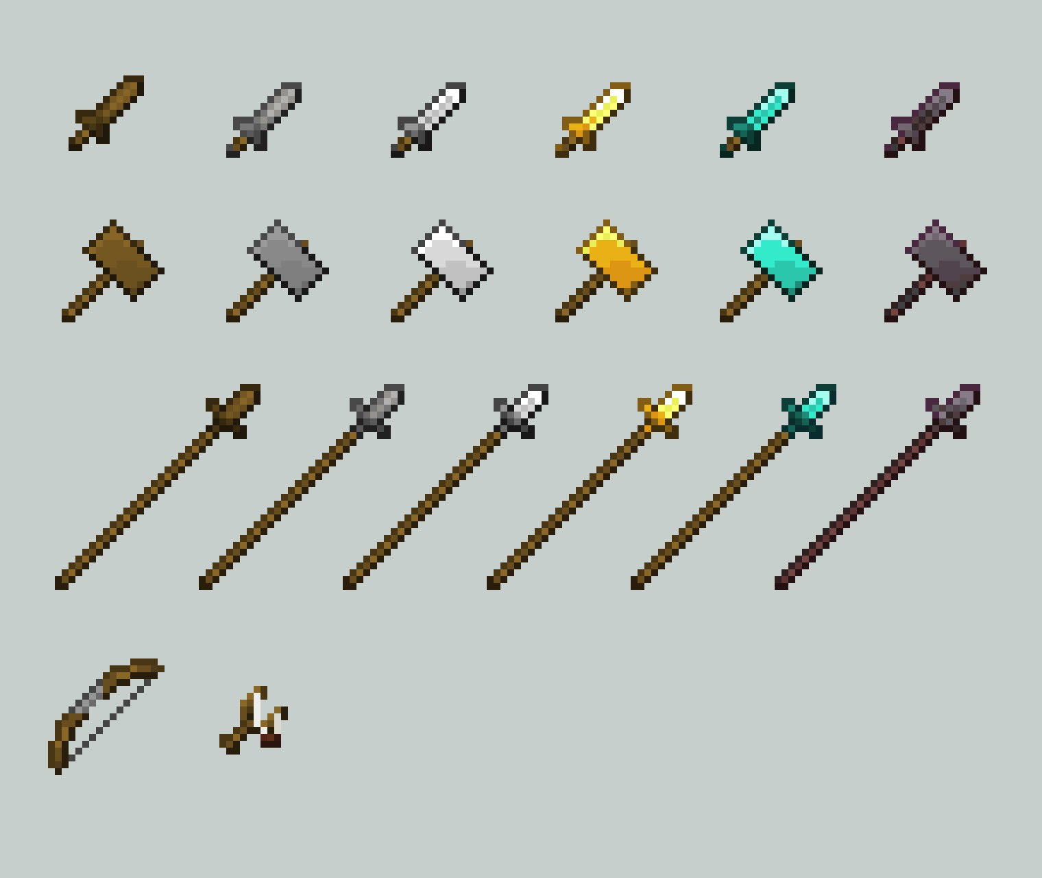 From the top: daggers, hammers, spears, longbow, slingshot