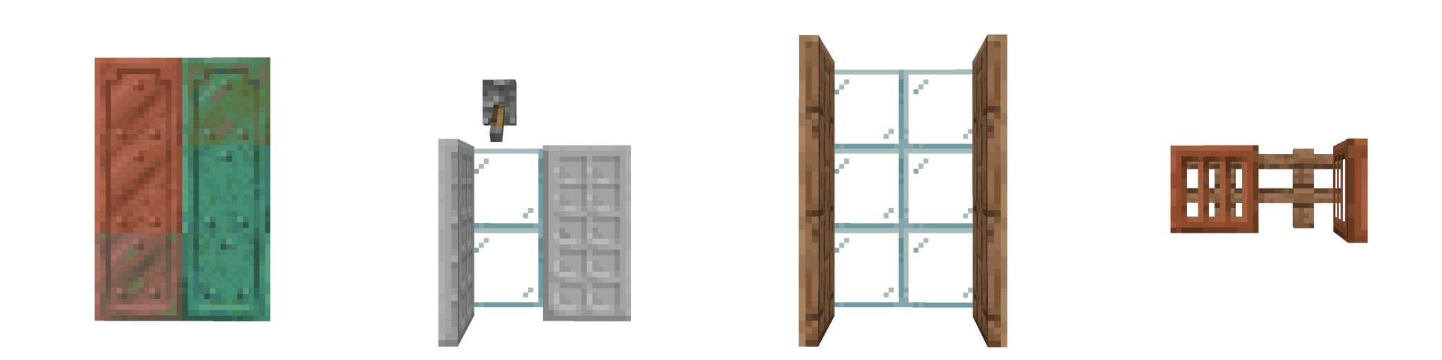 4 Windows with Shutters, from left to right: Copper Shutters, in various stages of oxidization, Iron Shutters, the left side is opened with a Lever on the top, Jungle Shutters, both open, Acacia Shutter, right open