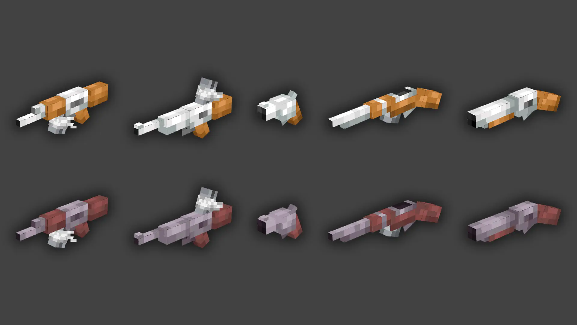 Showcase of the gun models. Normal versions on top, Netherite on bottom. from right to left: Auto Gun, Machine Gun, Revolver, Rifle, and Shotgun.