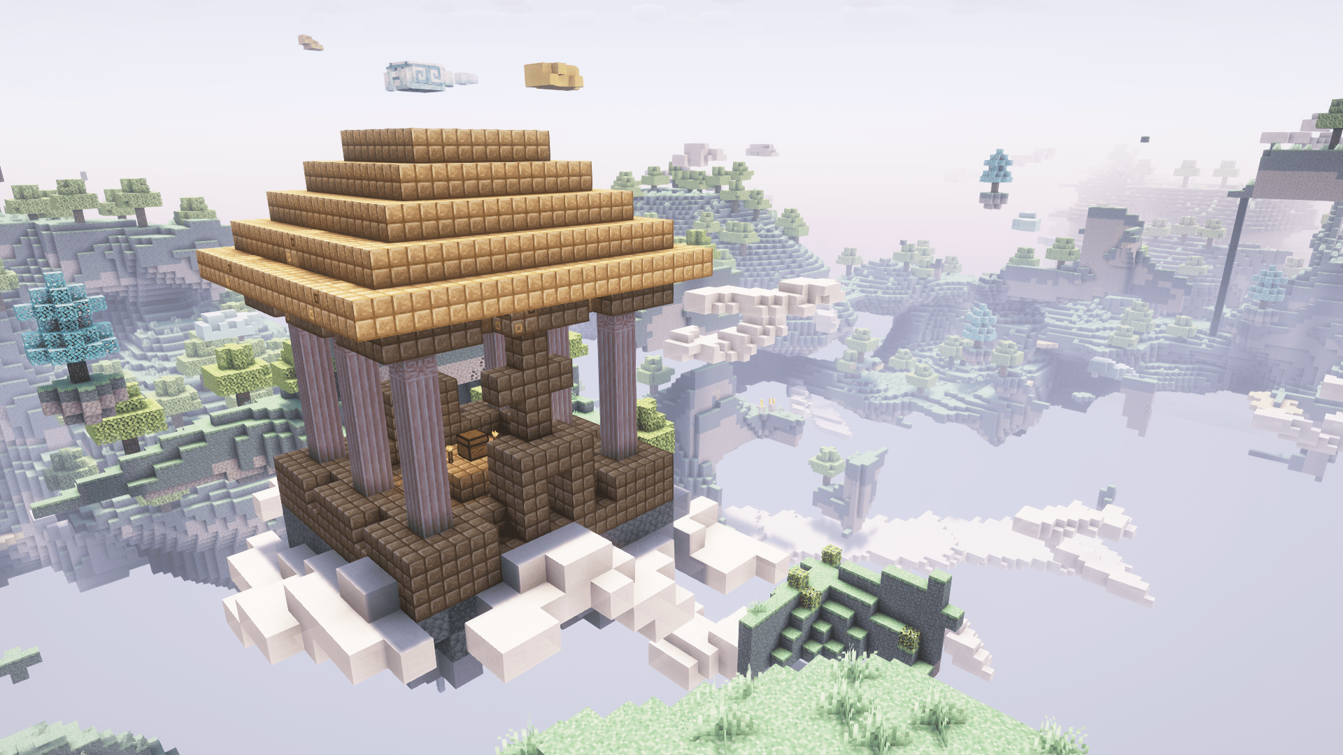 a sky shrine with pillars made of angelic stone