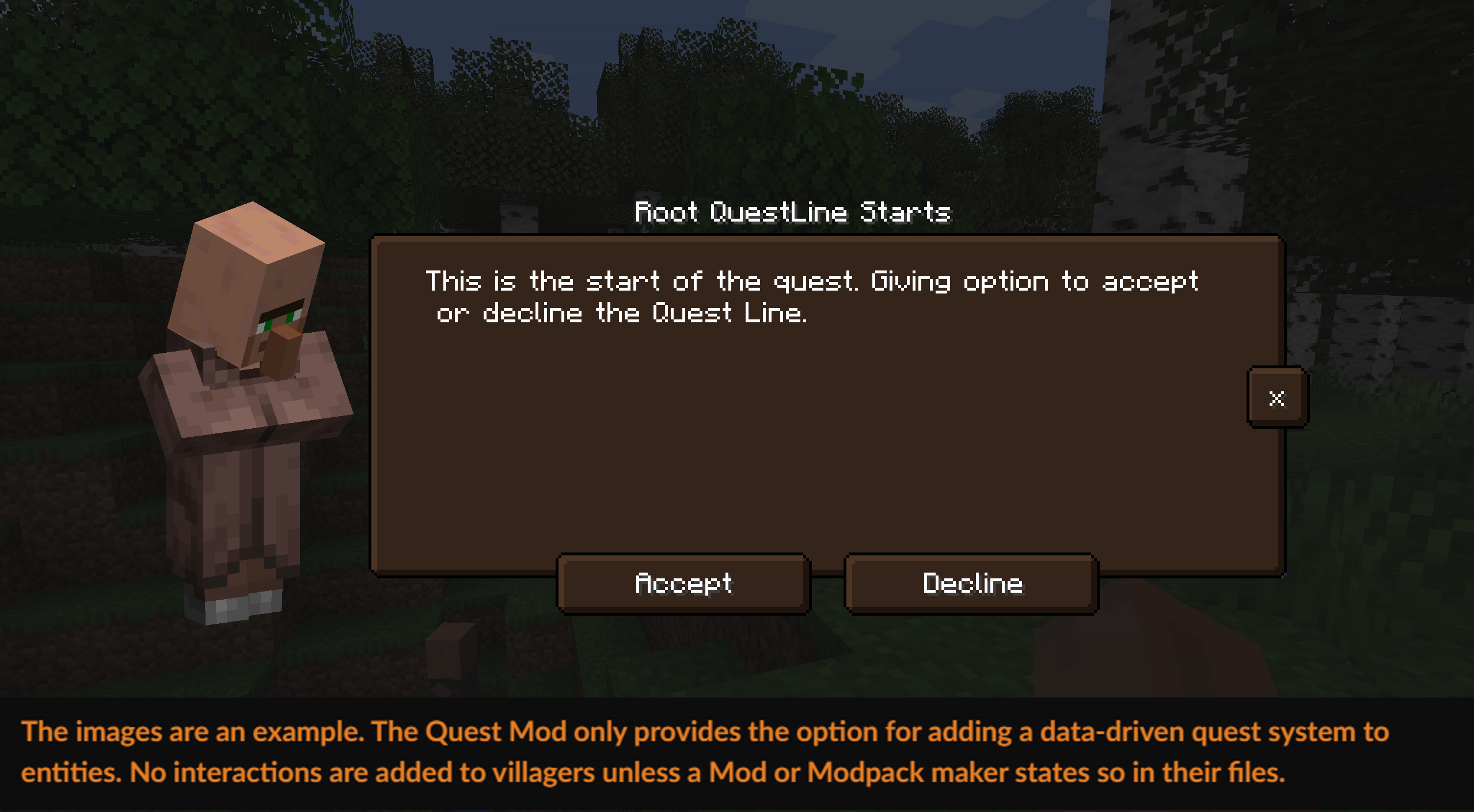 The images are an example. The Quest Mod only provides the option for adding a data-driven quest system to entities. No interactions are added to villagers unless a Mod or Modpack maker states so in their files.