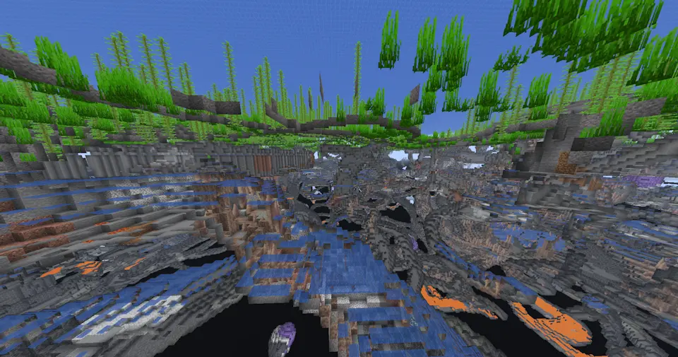 Screenshot showing dripstone caves generated below an ocean