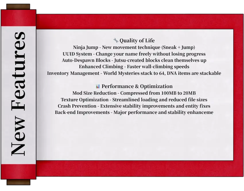 Quality of Life Ninja Jump - New movement technique (Sneak + Jump) UUID System - Change your name freely without losing progress Auto-Despawn Blocks - Jutsu-created blocks clean themselves up Enhanced Climbing - Faster wall-climbing speeds Inventory Management - World Mysteries stack to 64, DNA items are stackable Performance & Optimization Mod Size Reduction - Compressed from 100MB to 20MB Texture Optimization - Streamlined loading and reduced file sizes Crash Prevention - Extensive stability improvements and entity fixes Back-end Improvements - Major performance and stability enhanceme