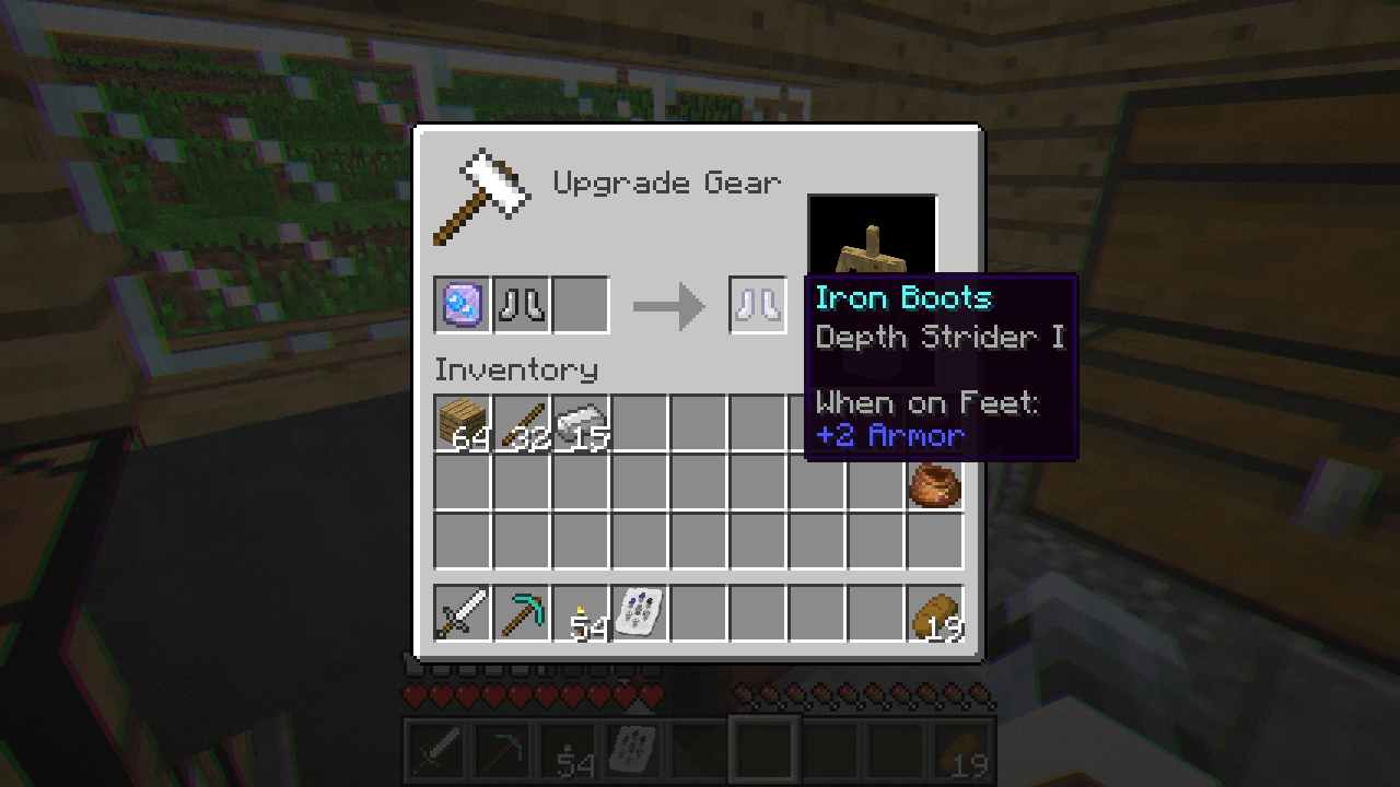 Player upgrades their iron boots using an aquatic rune in a smithing table.