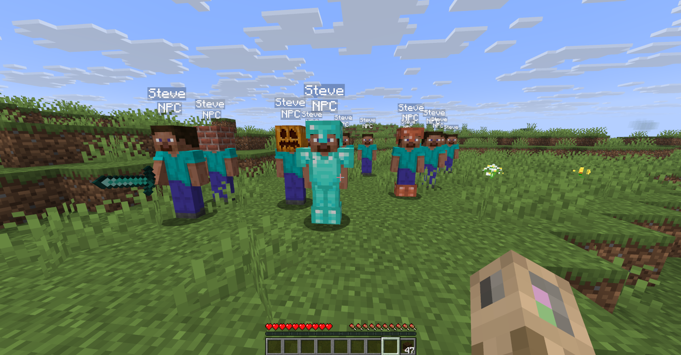 Image of mannequins spawned with this plugin. Some have gear such as armor and tools, some are wearing blocks on their head