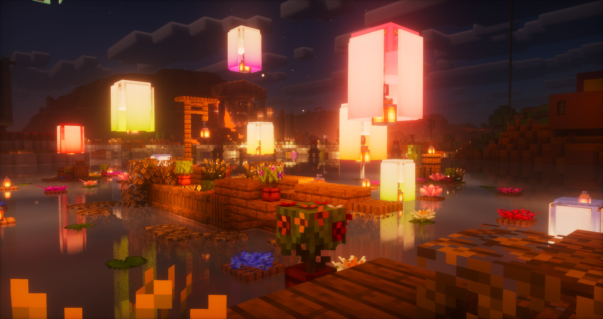 a scene of boats on water, floating lanterns and flowering azalea blooming in pots