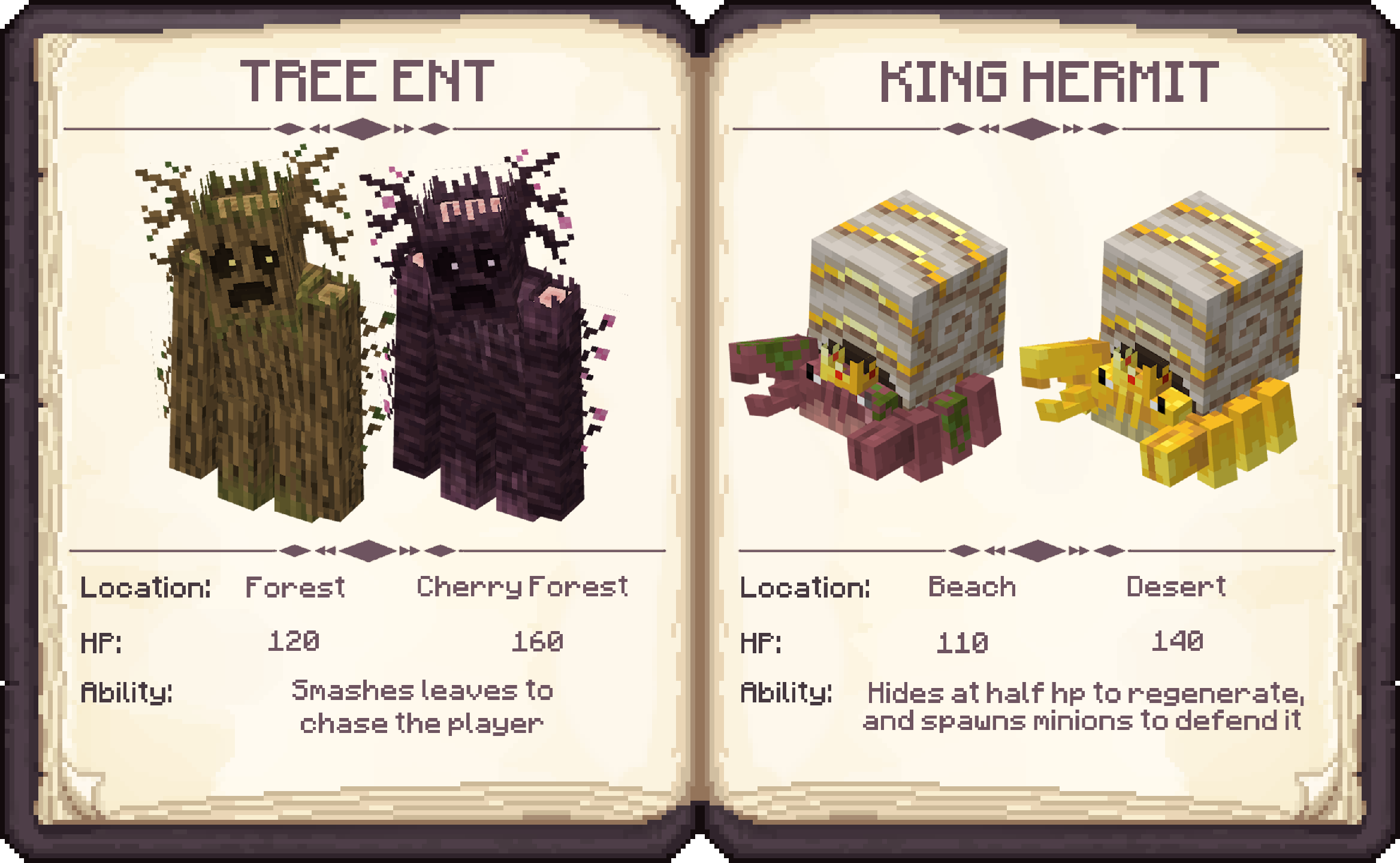 TREE ENT - Spawns in the forest and has 120 HP, CHERRY TREE ENT - Spawns in the cherry grove and has 160 HP, KING HERMIT - Spawns on the beach and has 110 HP, - GOLDEN KING HERMIT - Spawns in the desert and has 140 HP