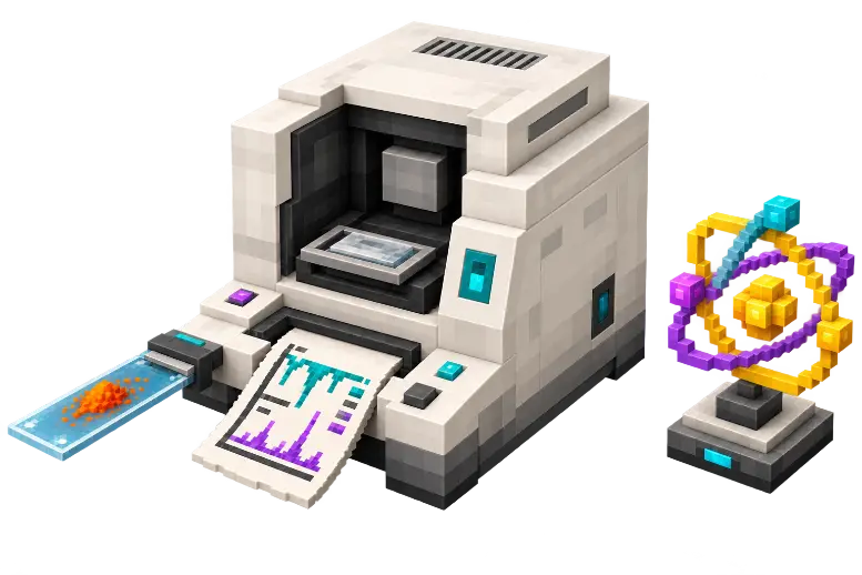 A block-built analytical instrument accepting a powder slide and printing a report beside a small cubic teaching-model atom