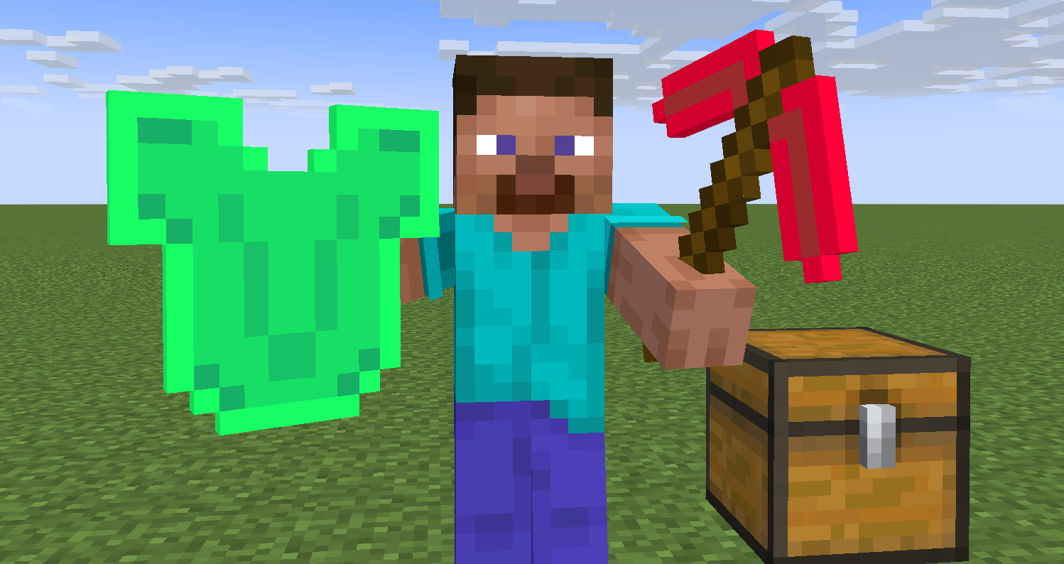 A Image with Steve Holding a Emerald Chestplate and A Ruby Pickaxe