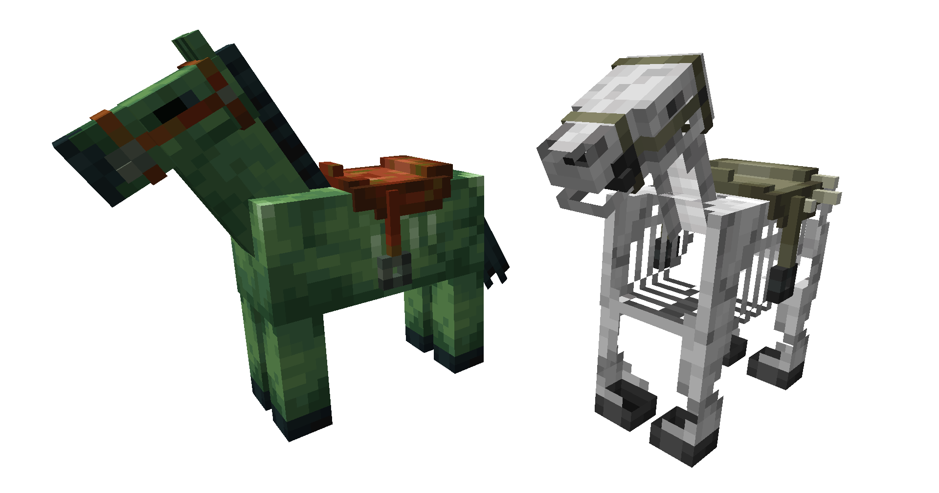 A zombie horse and a skeleton horse are lined up next to one another. Both of them are wearing a saddle.