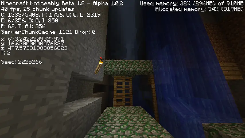 A mineshaft with mossy concrete bridges jutting through an open ravine in 2026's Alpha 1.0.2 of Noticeably Beta 1.8.