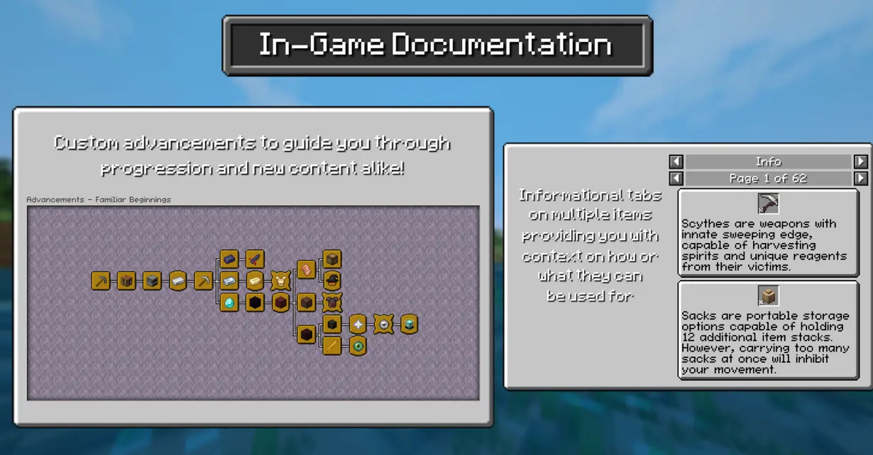 An image with the title "In-Game Documentation", showcasing a custom advancement screen alongside the text "Custom advancements to guide you through progression and new content alike!", and two different item information tabs alongside text that reads "Informational tabs on multiple items providing you with context on how or what they can be used for".