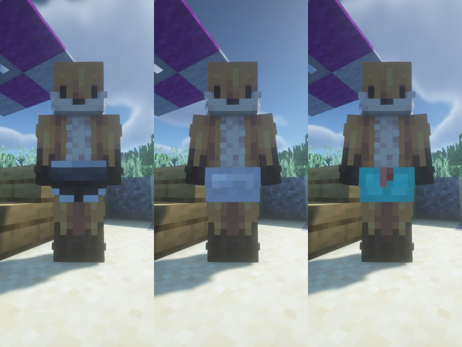Three images are side by side showing the same minecraft fox character wearing three different types of shorts. On the left, netherite shorts have a white border trin, in the middle, iron shorts with no trim, and the left is diamond shorts with a copper colored drawstring trim.
