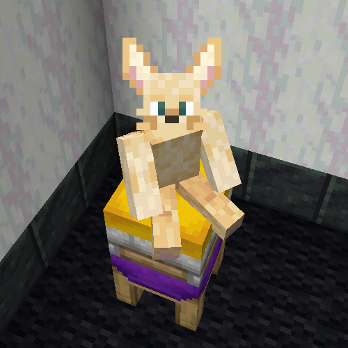 A player with a fennec fox skin sitting atop a yellow cushion, which is atop a white seat (from the create mod) which is above a purple stool (from the quark mod). The floor of the room is black wool. These are the colors of the nonbinary flag.