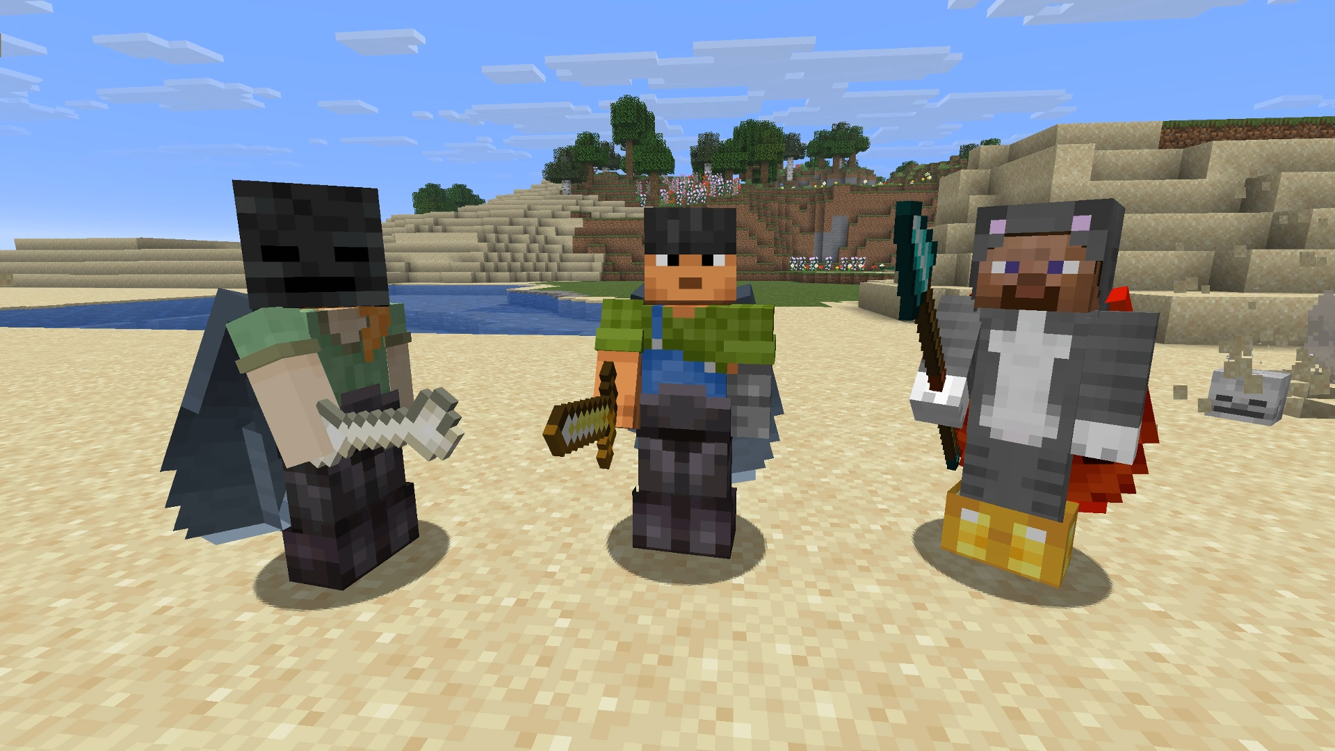 Three players stand on a beach holding weapons while a Beach Yeeter charges at them from behind