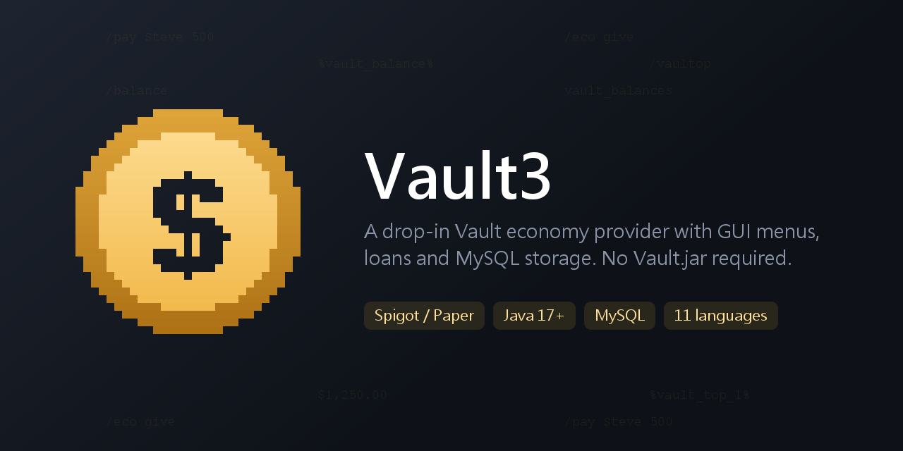 A complete economy system that registers itself as the Vault economy provider. Plugins that depend on Vault keep working unchanged, with no separate Vault.jar.