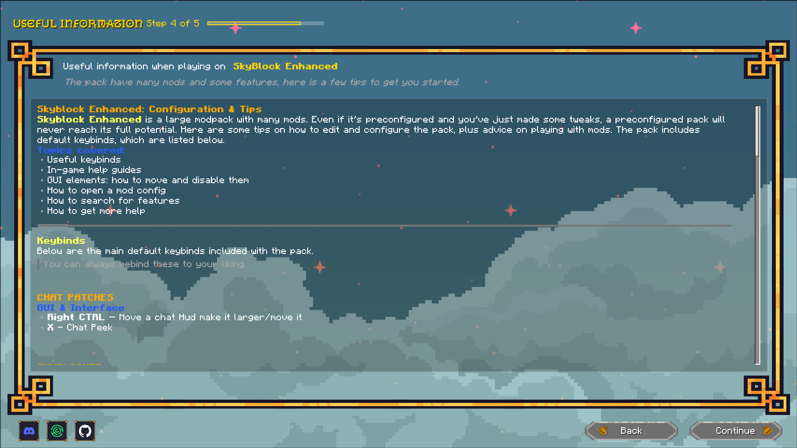 SkyBlock Enhanced useful information screen showing configuration tips, keybinds, and chat patches for the modpack